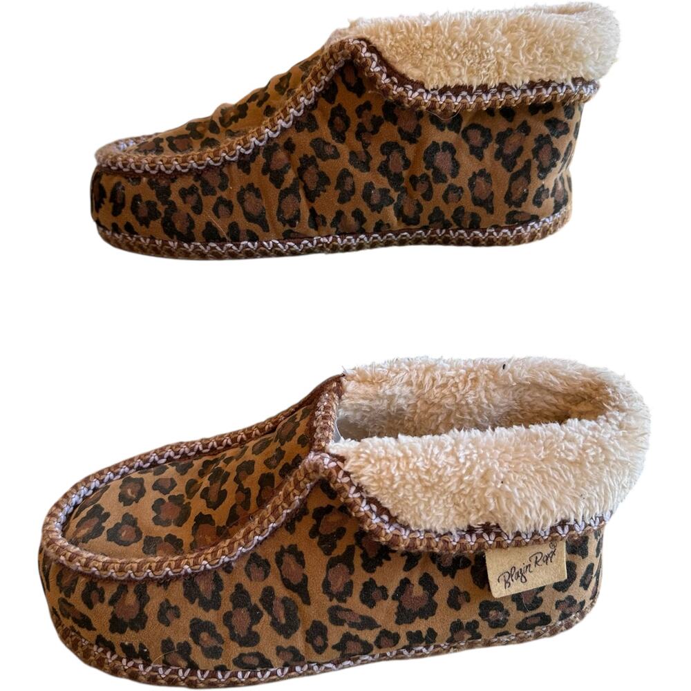 Blazin Roxx Cowgirl Slippers Womens SZ 5-6 Leopard Print Faux Fur Western Cozy